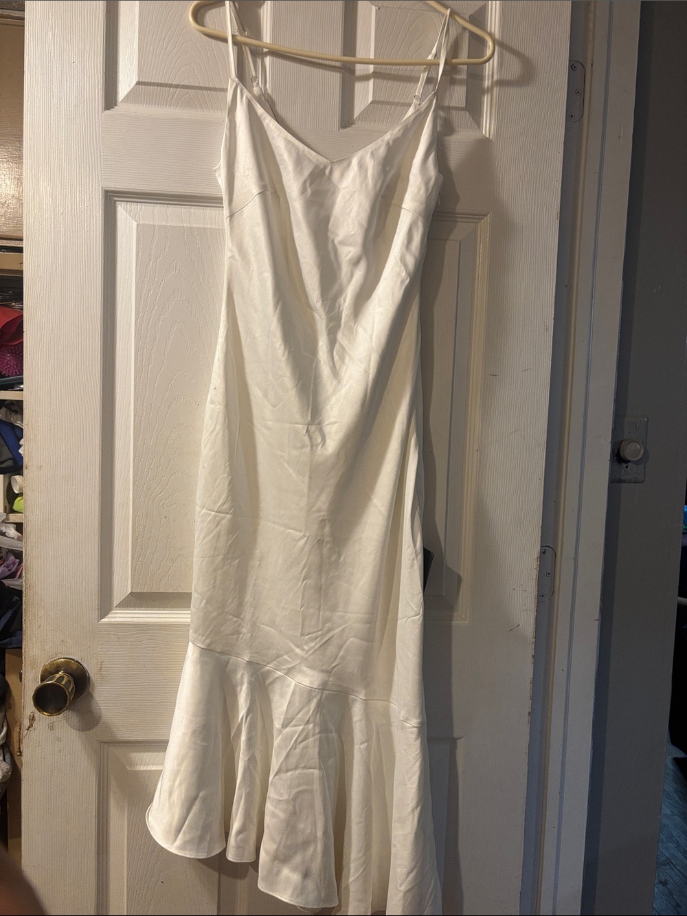 Lulu's White Satin Midi Slip Dress with Flared Hem